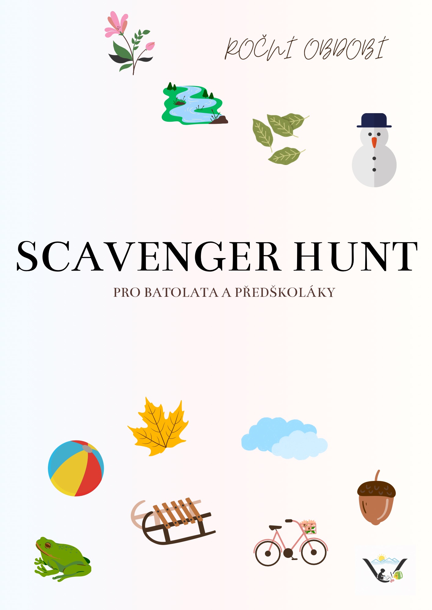 Scavenger hunt, roční období, jaro, léto, podzim, zima, žába, sáňky, louže, mravenec, dýně, strom, pracovní listy, pdf zdarma, pampeliška, batolata, předškoláci