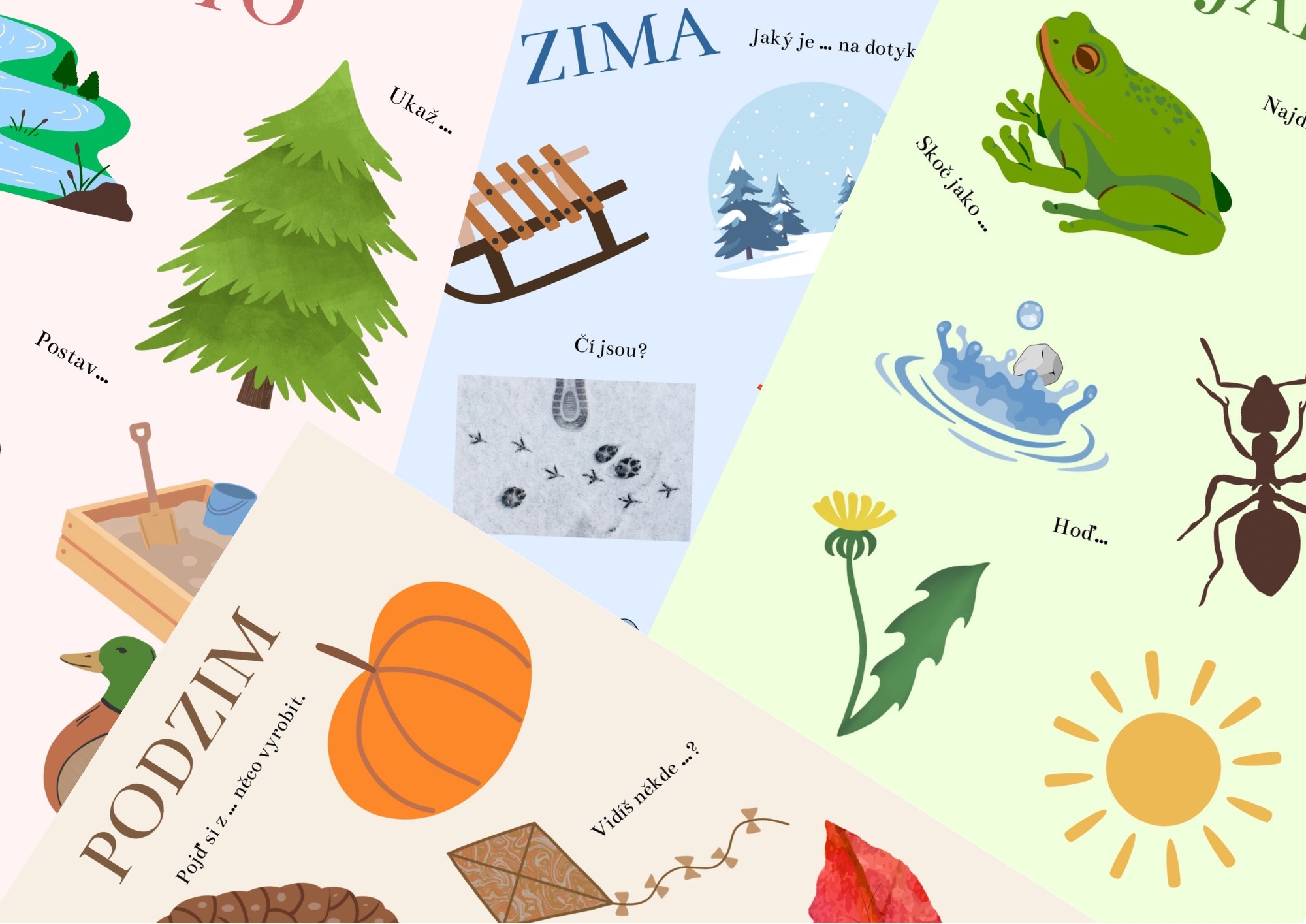 Scavenger hunt, roční období, jaro, léto, podzim, zima, žába, sáňky, louže, mravenec, dýně, strom, pracovní listy, pdf zdarma, pampeliška